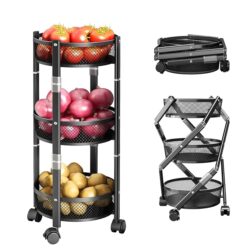Charmy Collapsible 3-Tier Kitchen Trolley with Wheels | Foldable Metal Mesh Storage Rack | Heavy-Duty Vegetable & Fruit Basket Stand | Multipurpose Utility Cart for Home & Office