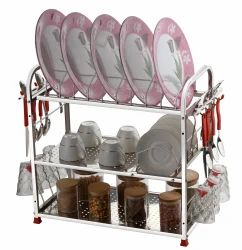 CHARMY 18 x 18 Delux Stainless Steel Dish Rack | 2-Tier Kitchen Utensil Drainer | Plate Stand with Cutlery & Glass Holders | Rust-Proof | 2.900 Kg