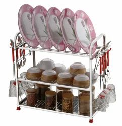 CHARMY 18 x 18 Regular Stainless Steel Dish Rack | 2-Tier Kitchen Utensil Drainer | Plate Stand with Cutlery & Glass Holders | Rust-Proof | 2.75 Kg